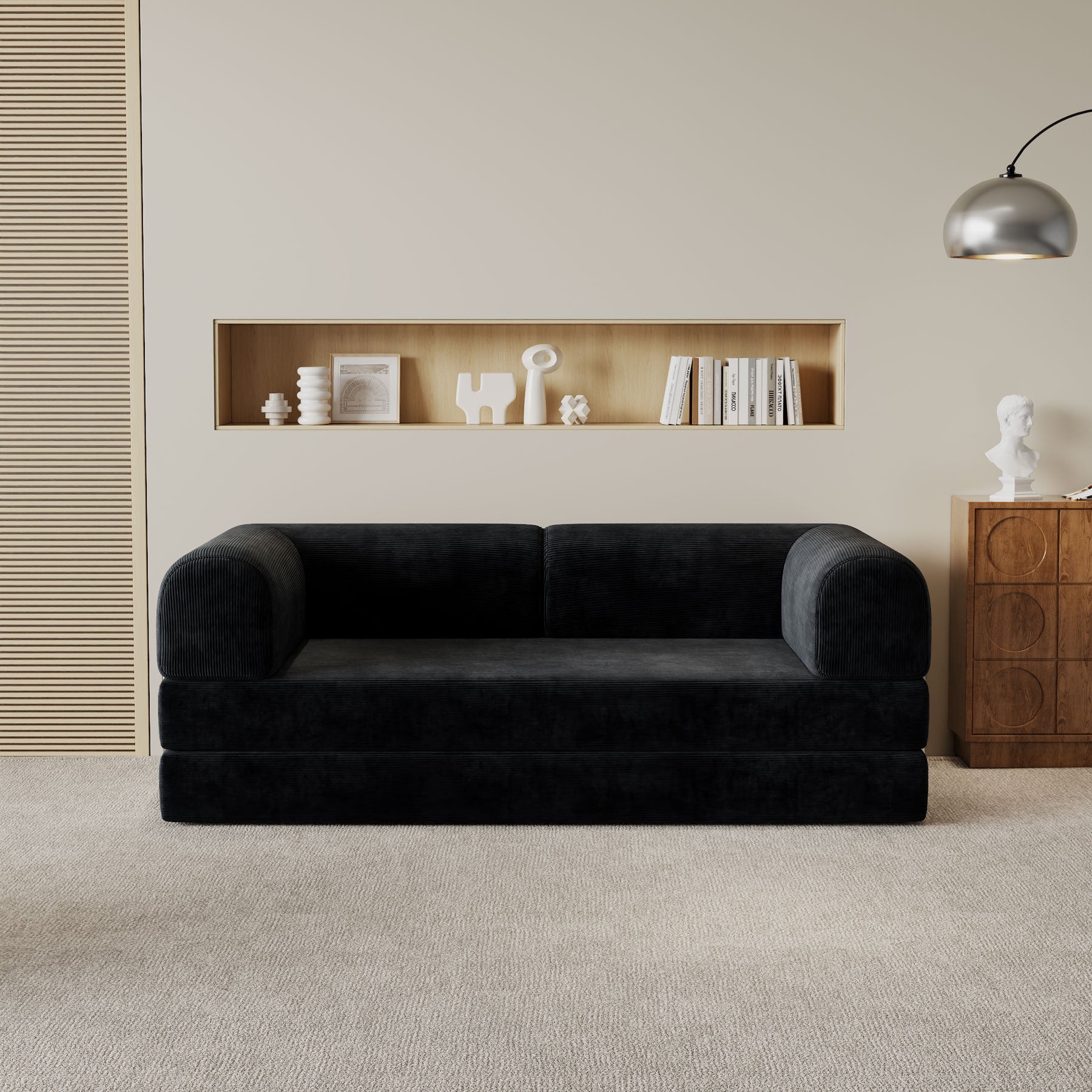 Malone Compression Sofa Bed - Convertible Corduroy Couch in Midnight Black