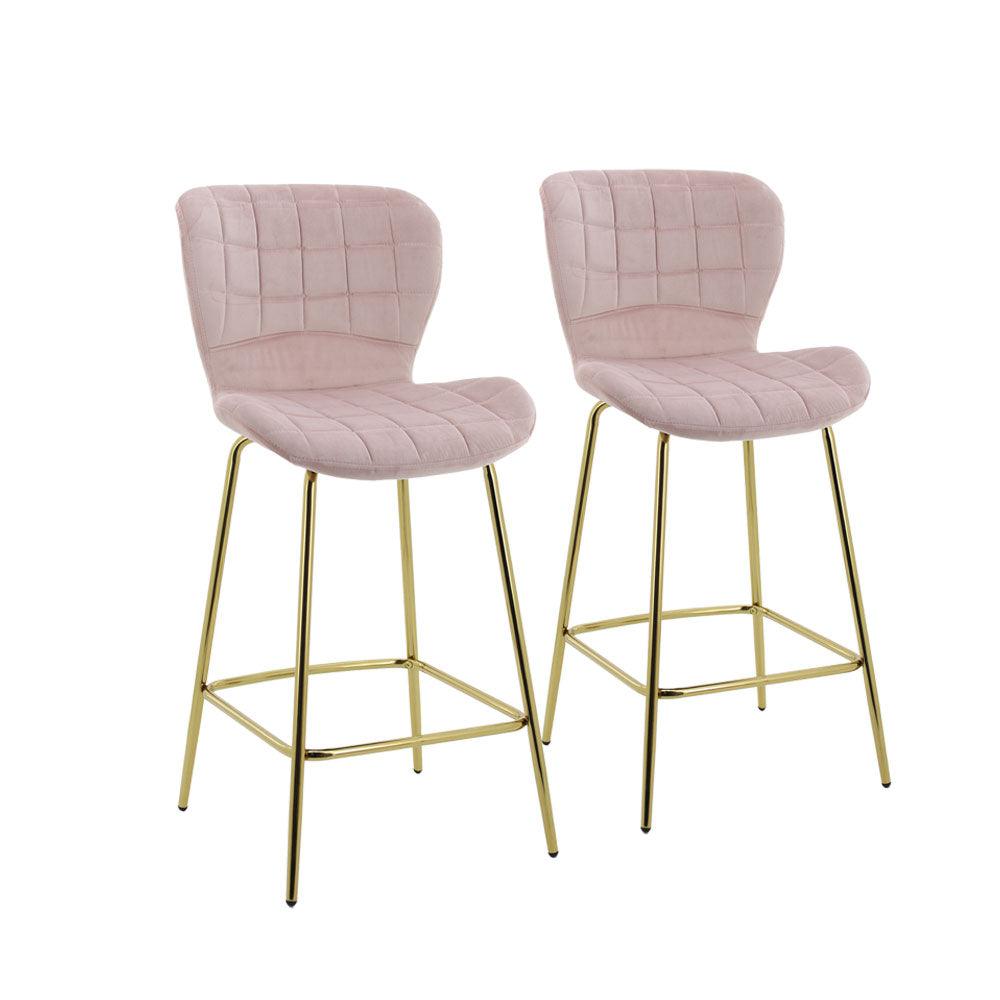 Capella Bar Stool Set of 2 Pink Velvet Fabric Golden Legs