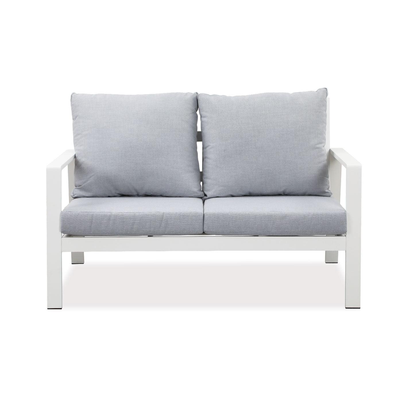 Florence 2 Seater White Aluminium Outdoor Sofa Lounge with Arms - Light Grey Cushion - Moda Living