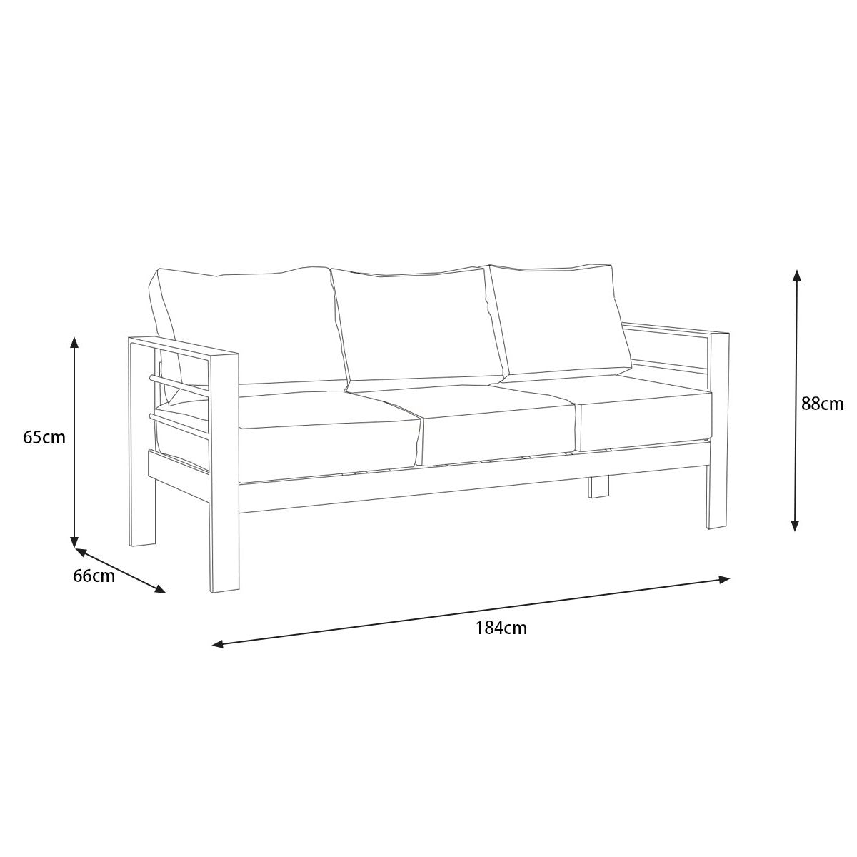 Paris 3 Seater Charcoal Aluminium Outdoor Sofa Lounge with Arms - Grey Cushion - Moda Living