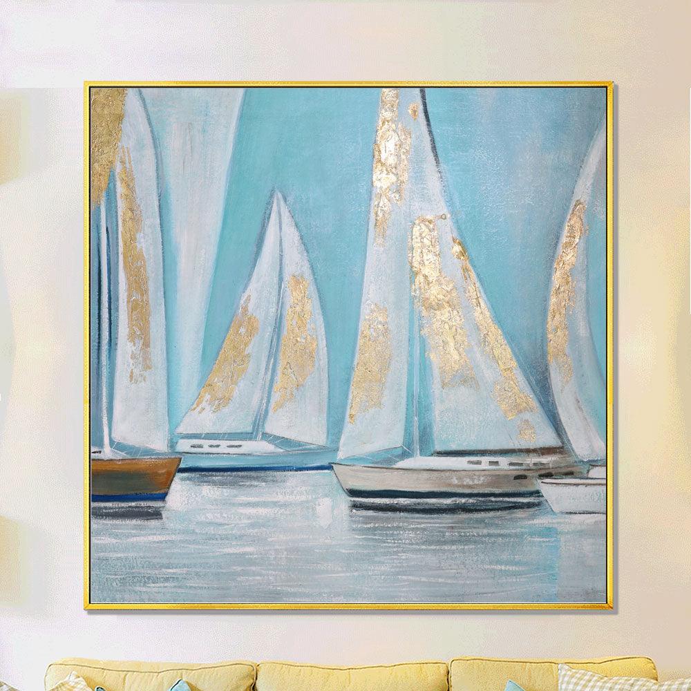 Framed Oil Painting Hand Painted Landscape Modern Canvas - Sailboat (100cm x 100cm) - Moda Living