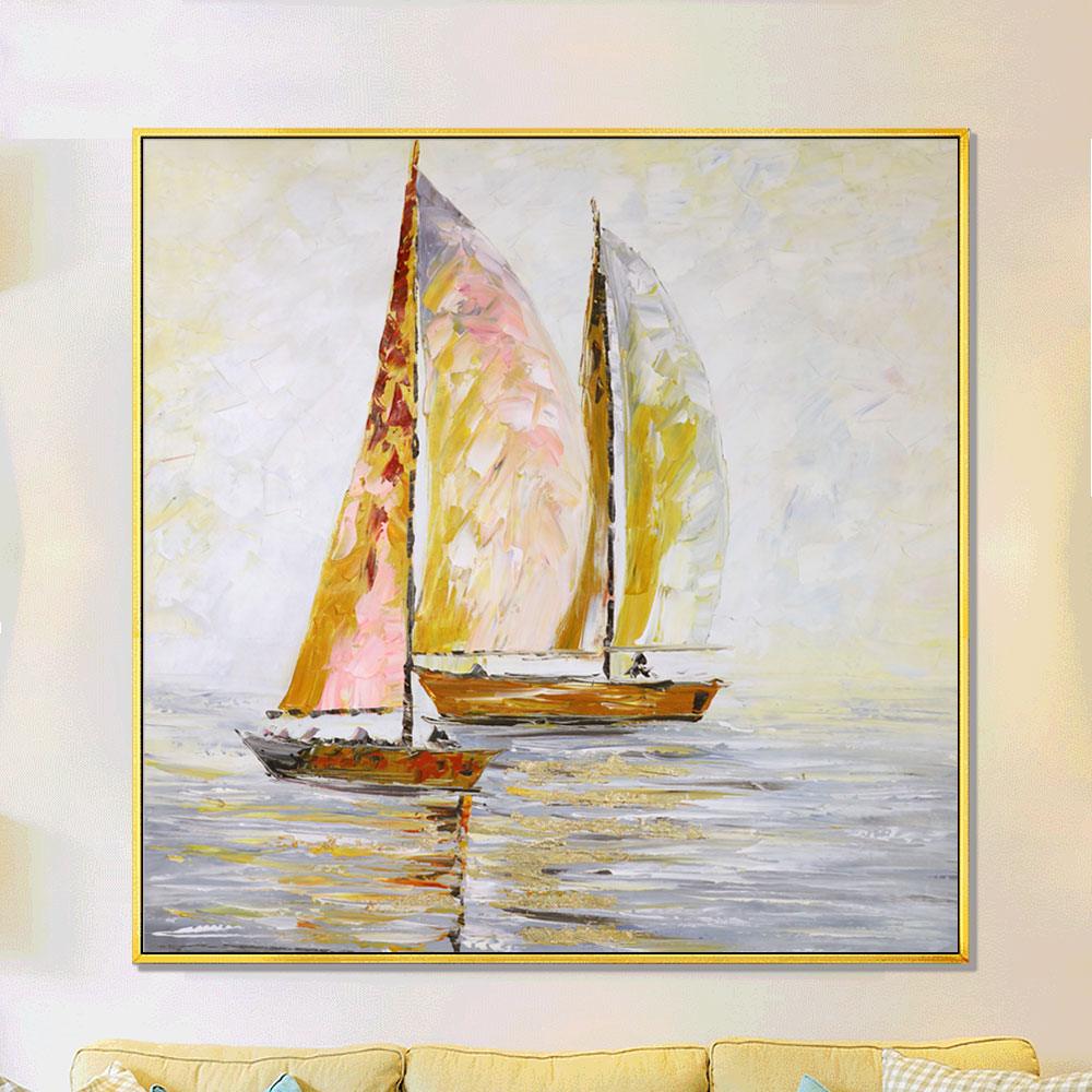 Framed Oil Painting Hand Painted Landscape Modern Canvas - Sailing (100cm x 100cm) - Moda Living