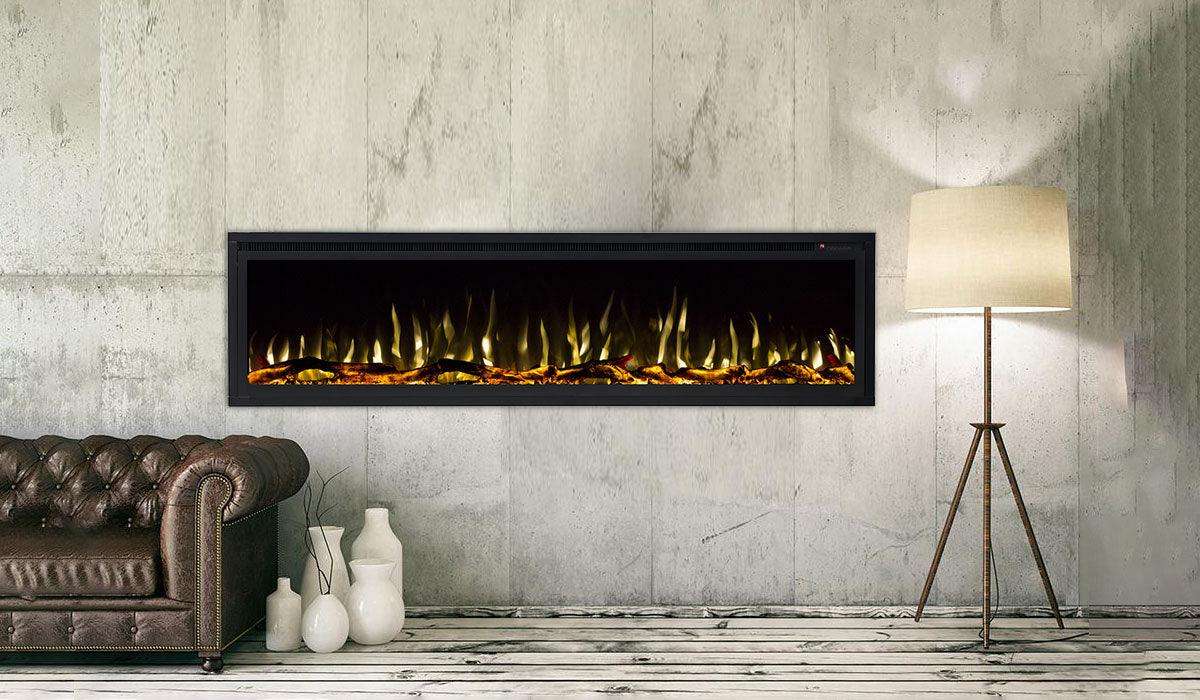 Concerto linear recessed electric fireplace in modern Australian living room.