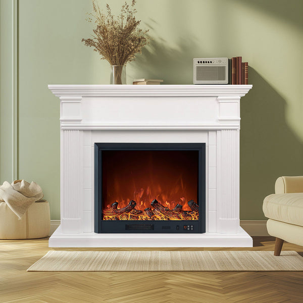 George 1500W Electric Fireplace Heater White Mantel Suite with 30" Orion Insert - Smartphone Control