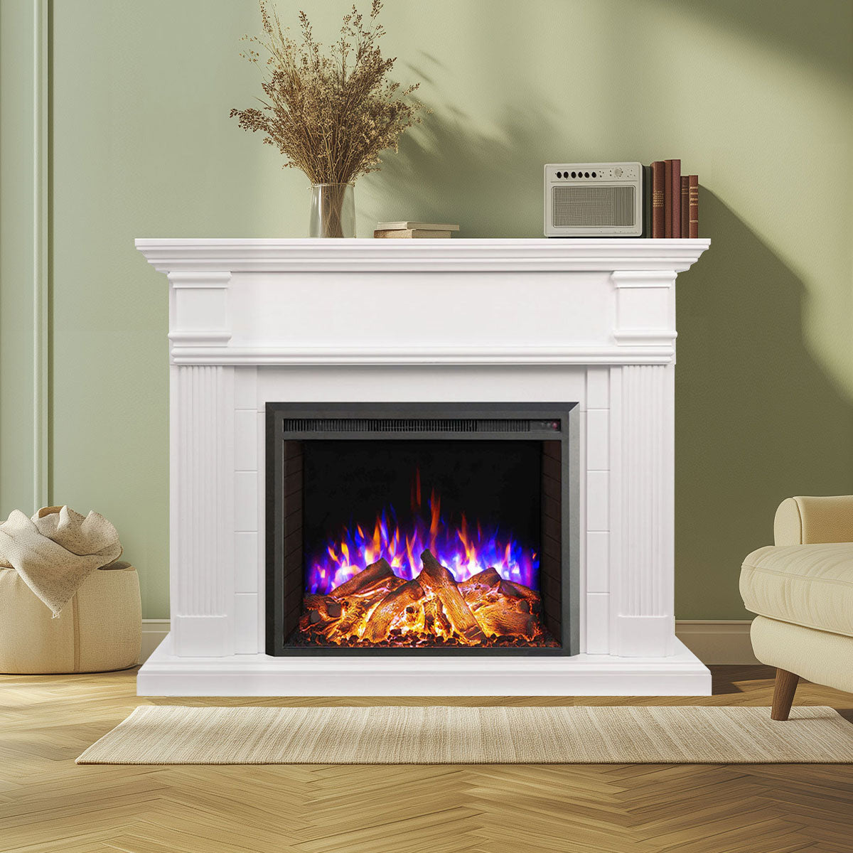 George 2000W Electric Fireplace Heater White Mantel Suite with 30" Starlight Insert