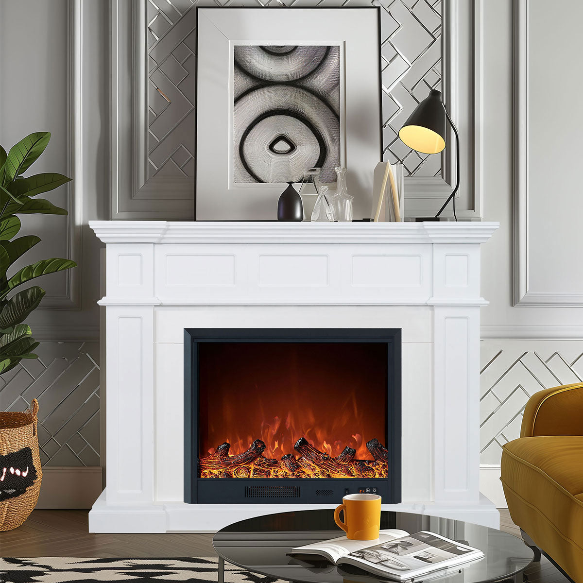 Hudson 1500W Electric Fireplace Heater White Mantel Suite With 30" Orion Insert