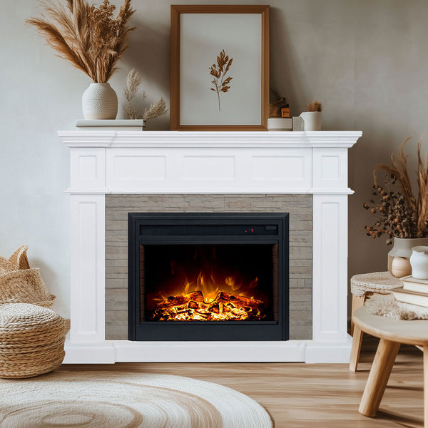 Hudson 2000W Electric Fireplace Heater Stone Veneer White Mantel Suite with 30" Moonlight Insert