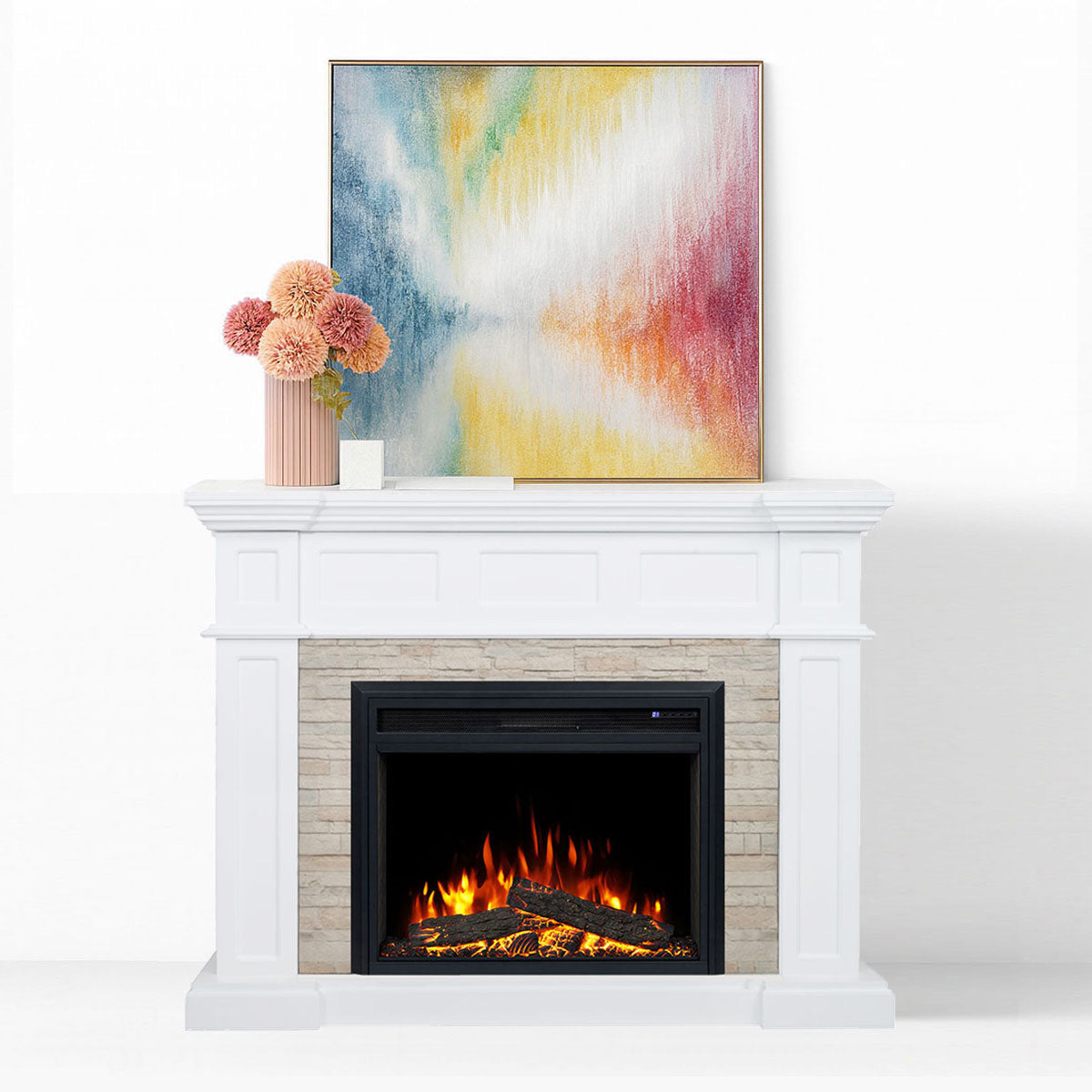 Hudson 2000W Electric Fireplace Heater Stone Veneer White Mantel Suite with 30" Moonlight Insert