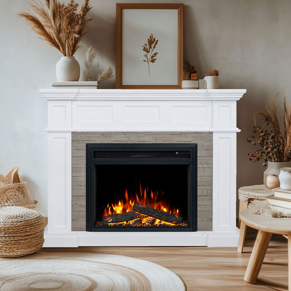 Hudson 2000W Electric Fireplace Heater Stone Veneer White Mantel Suite with 30" Moonlight Insert