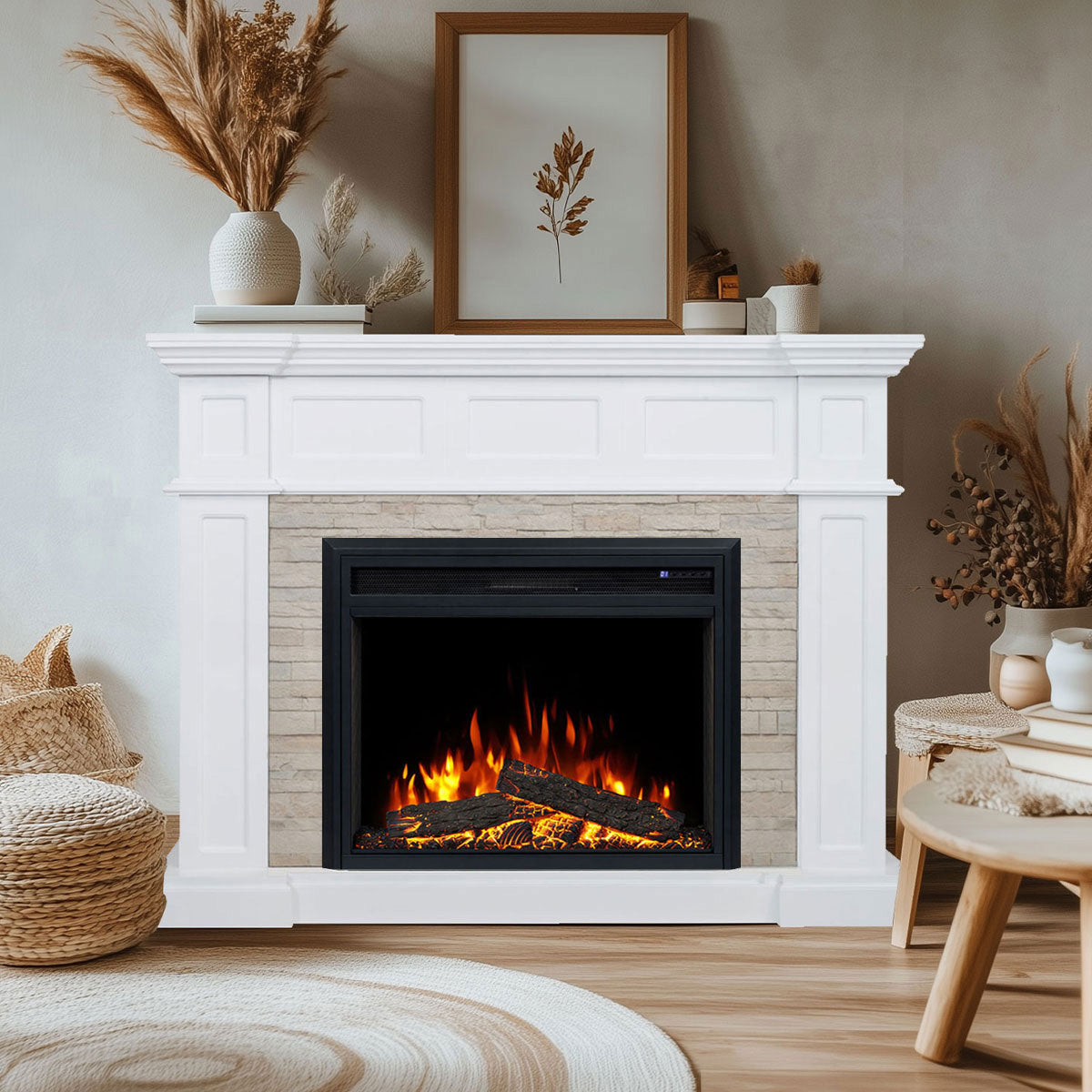 Hudson 2000W Electric Fireplace Heater Stone Veneer White Mantel Suite with 30" Moonlight Insert