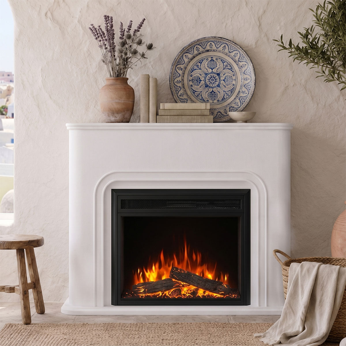 Santorini White Mantel Electric Fireplace Suite With 30 Inch Moonlight Insert