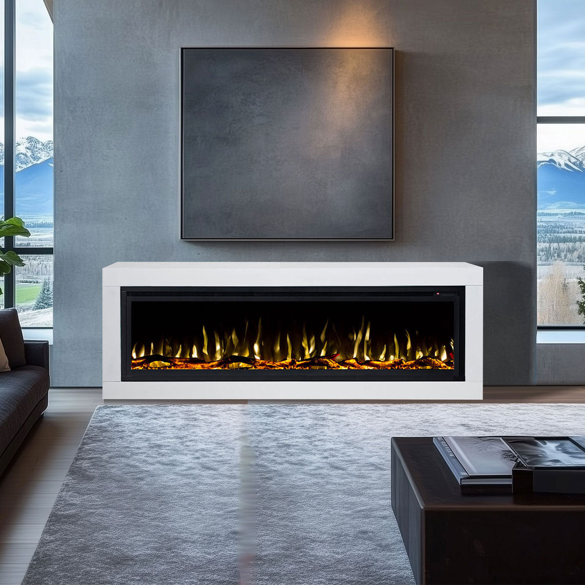 Concerto 1500W 60 Inch Electric Fireplace Insert with Horizon White Mantel Suite