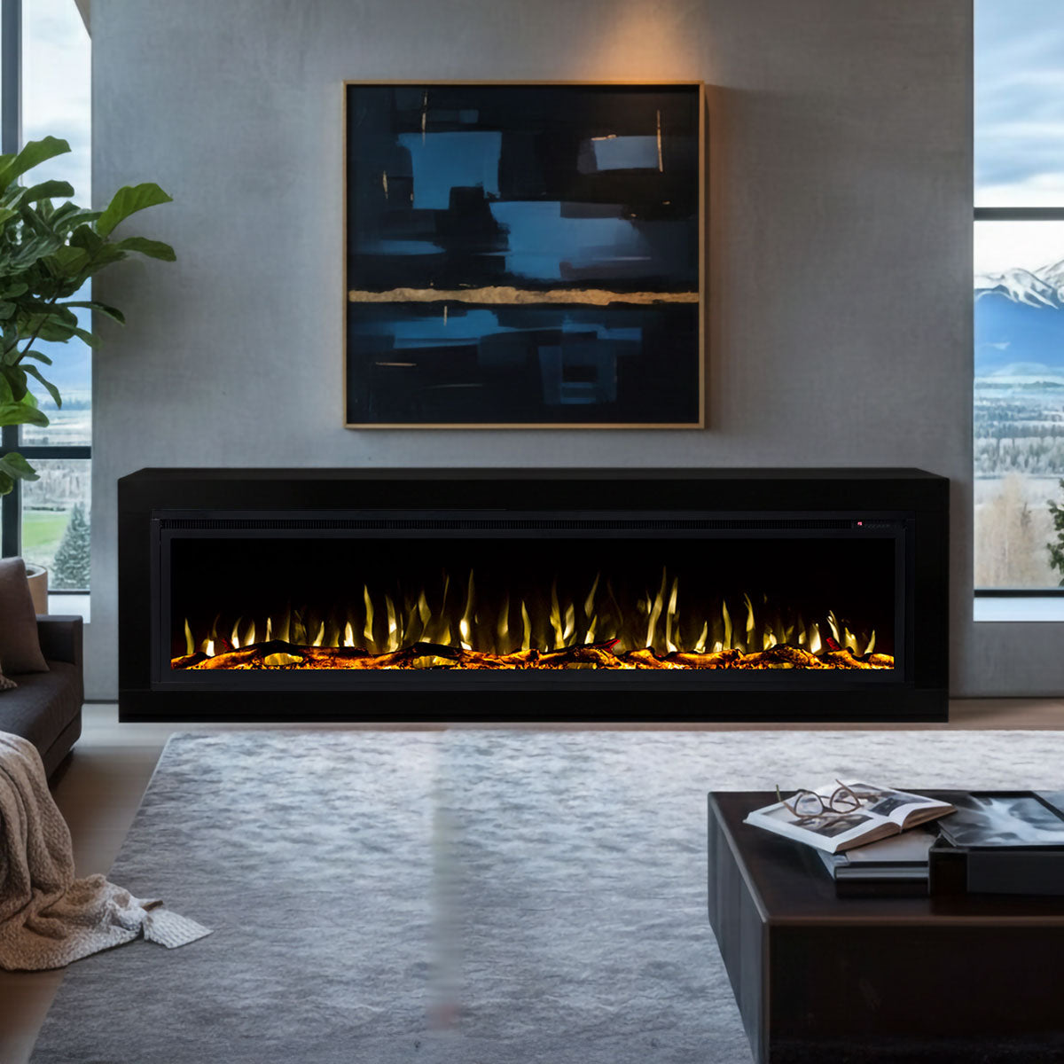 Concerto 1500W 72 Inch Electric Fireplace Insert with Horizon Black Mantel Suite