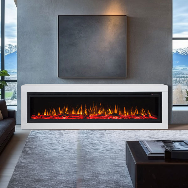 Concerto 1500W 72 Inch Electric Fireplace Insert with Horizon White Mantel Suite