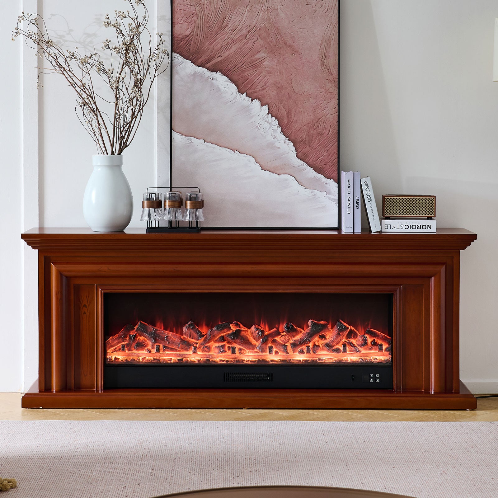 Verona 50" Wide Electric Fireplace Heater Brown Mantel Suite - Smartphone Control