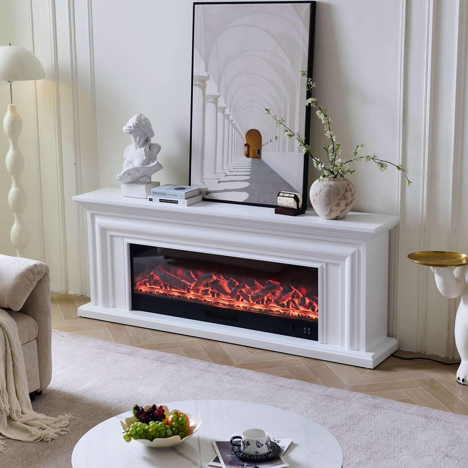 Verona 50" Wide Electric Fireplace Heater White Mantel Suite - Smartphone Control
