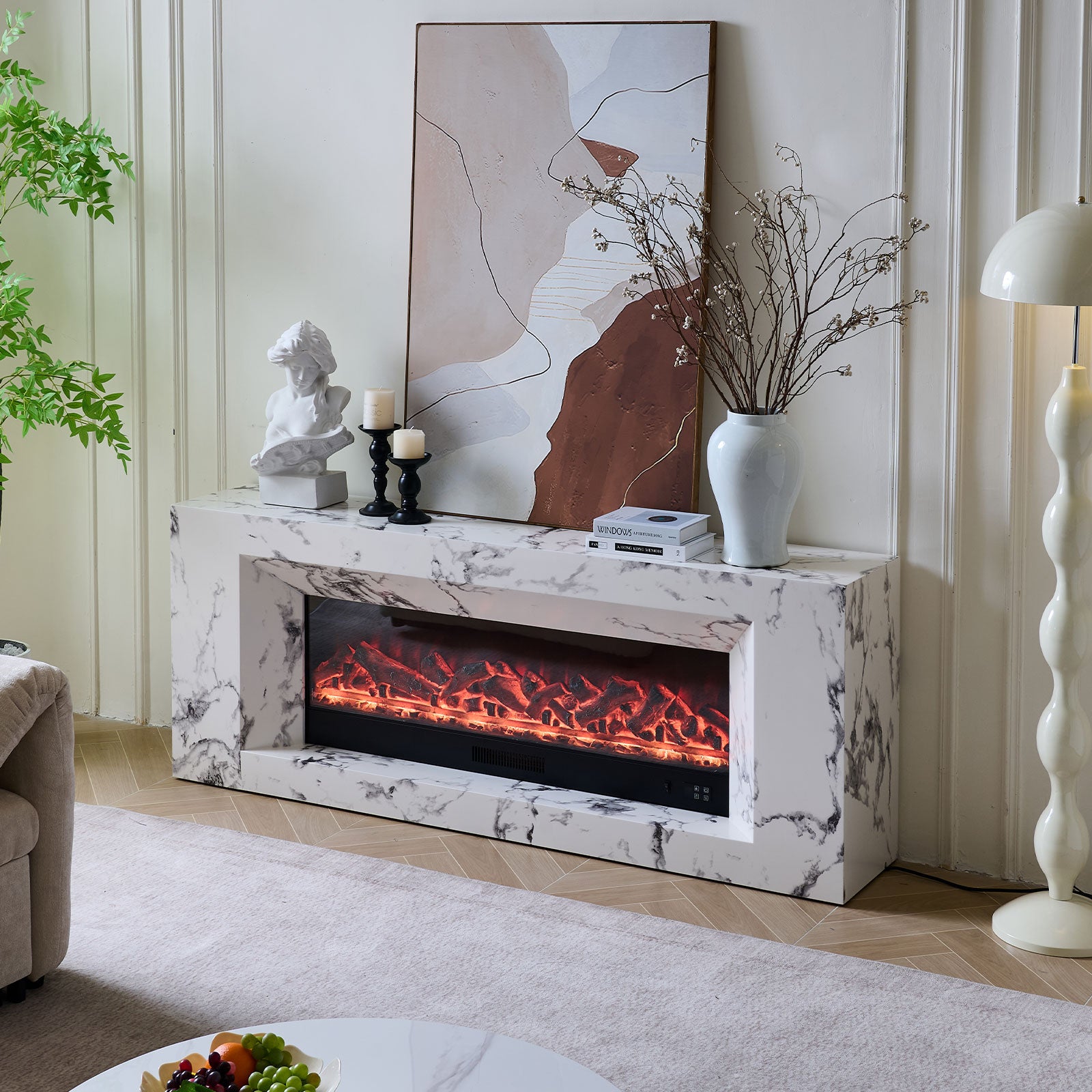 Madison 50" Wide Electric Fireplace Heater Mantel Suite with Marble Veneer - Smartphone Control