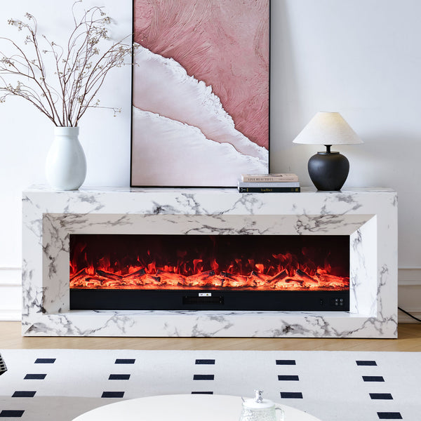 Madison 60" Electric Fireplace with White Mantel Suite Marble Veneer – Smartphone Control