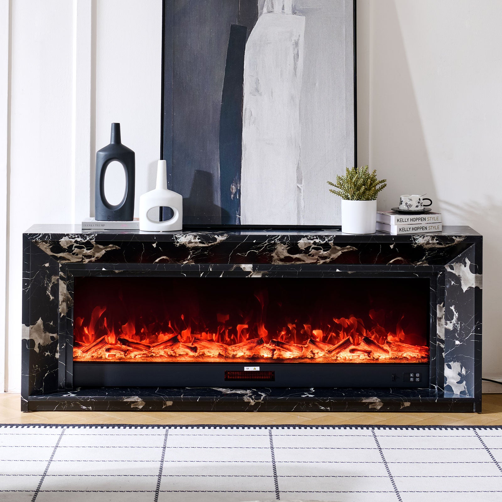 Marquess 60" Electric Fireplace with Black Marble Veneer Mantel Suite - Smartphone Control