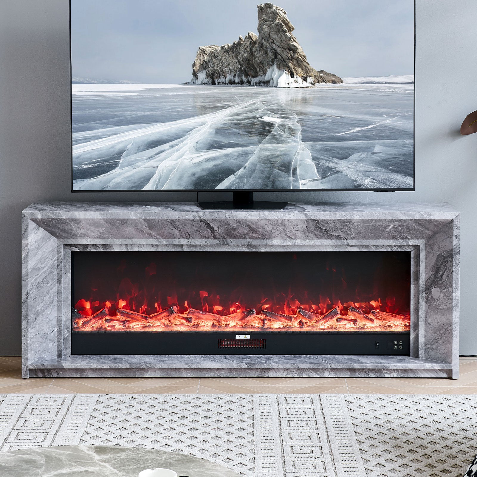 Marbella 60" Electric Fireplace with Grey Marble Veneer Mantel Suite - Smartphone Control