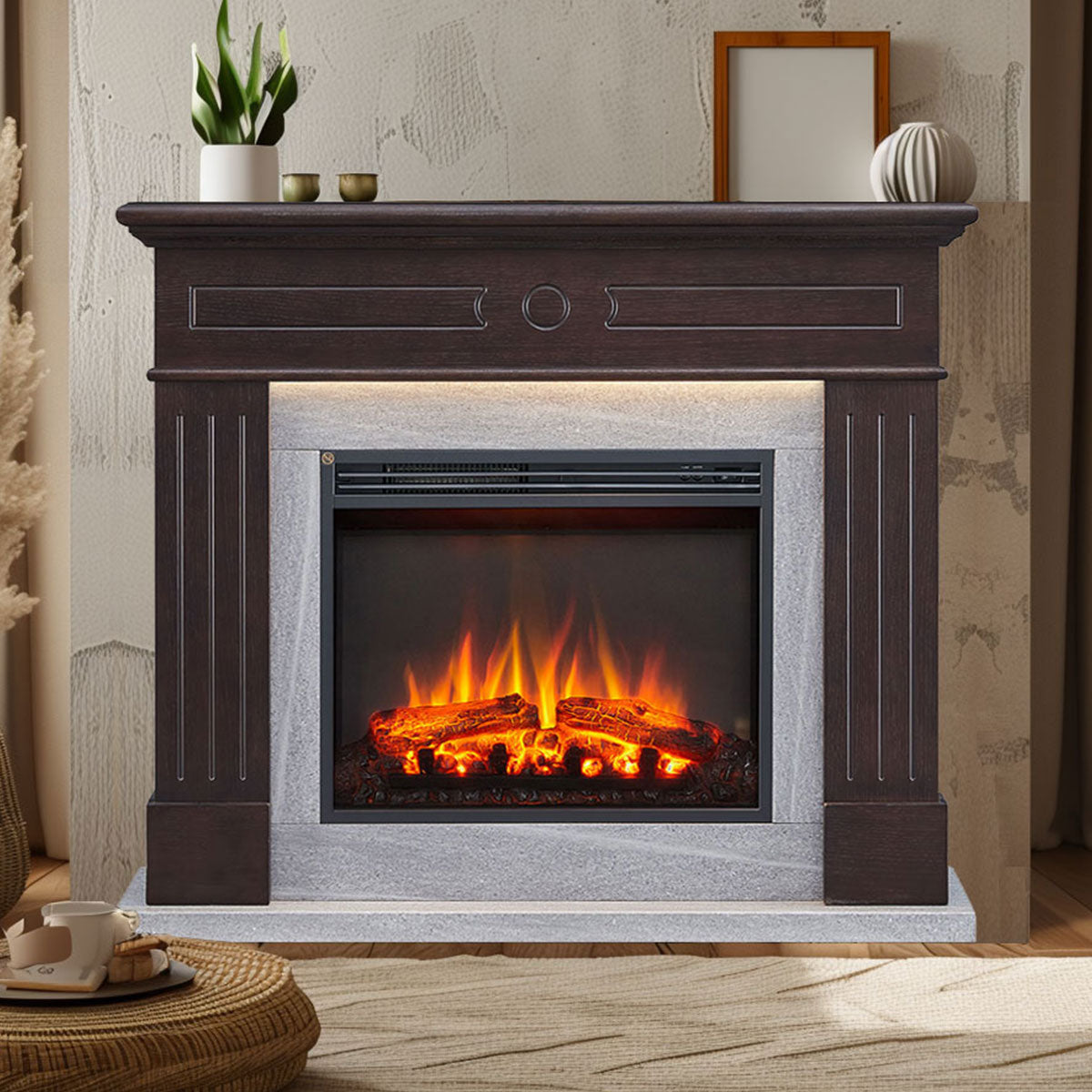 Aura 2000W Electric Fireplace Heater Espresso Oak Mantel Suite