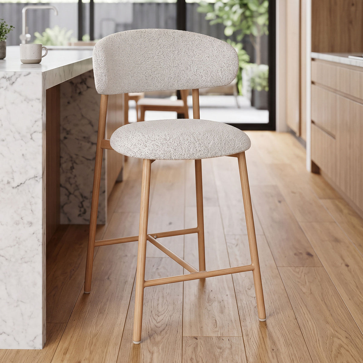 Alina Natural Oak Look Upholstered Bar Stool – Light Grey Fabric (Set of 2)