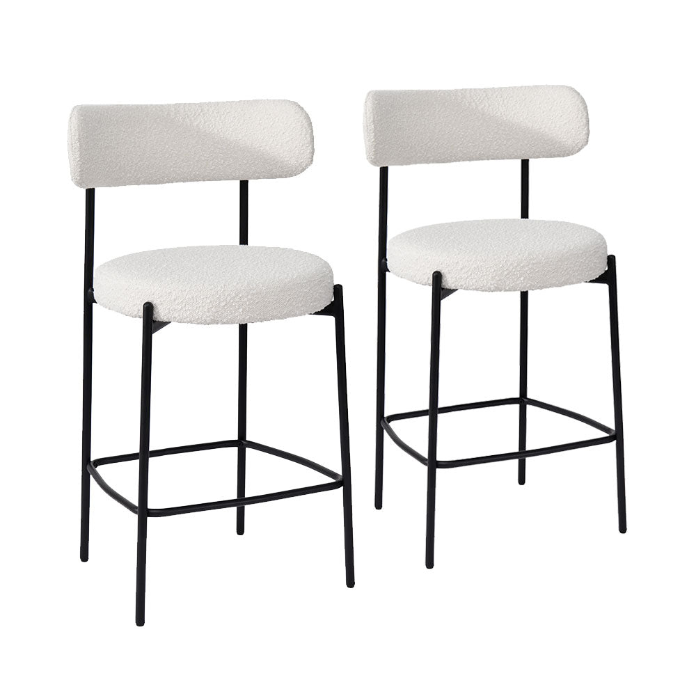 Selena Bar Stool (Set of 2) Light Beige Boucle Fabric Black Legs
