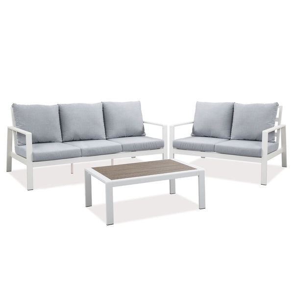 Florence 3+2 Seater White Aluminium Sofa Lounge Set - Light Grey Cushion