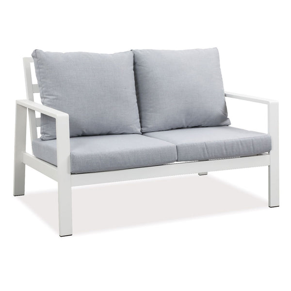 Florence 2 Seater White Aluminium Outdoor Sofa Lounge with Arms - Light Grey Cushion