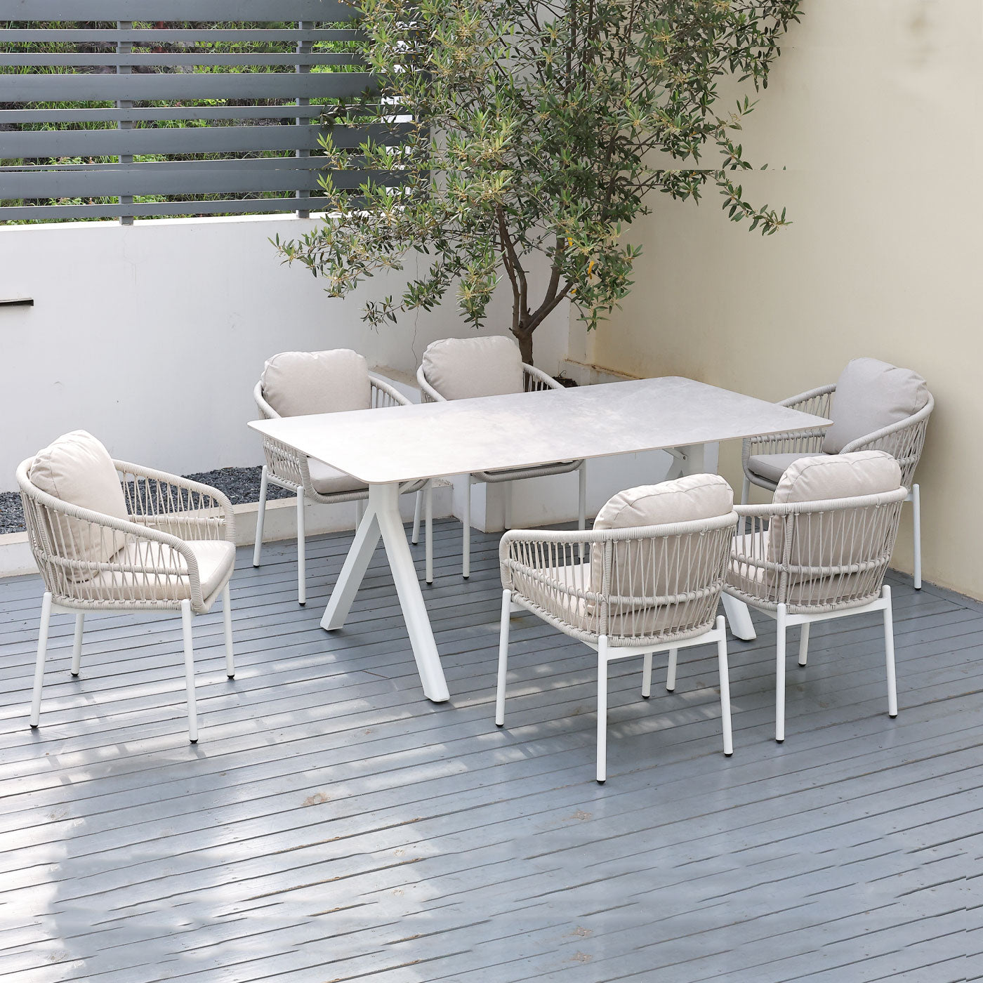 Bali 7-Piece White Aluminium Outdoor Dining Set - Beige Rope and Cushion