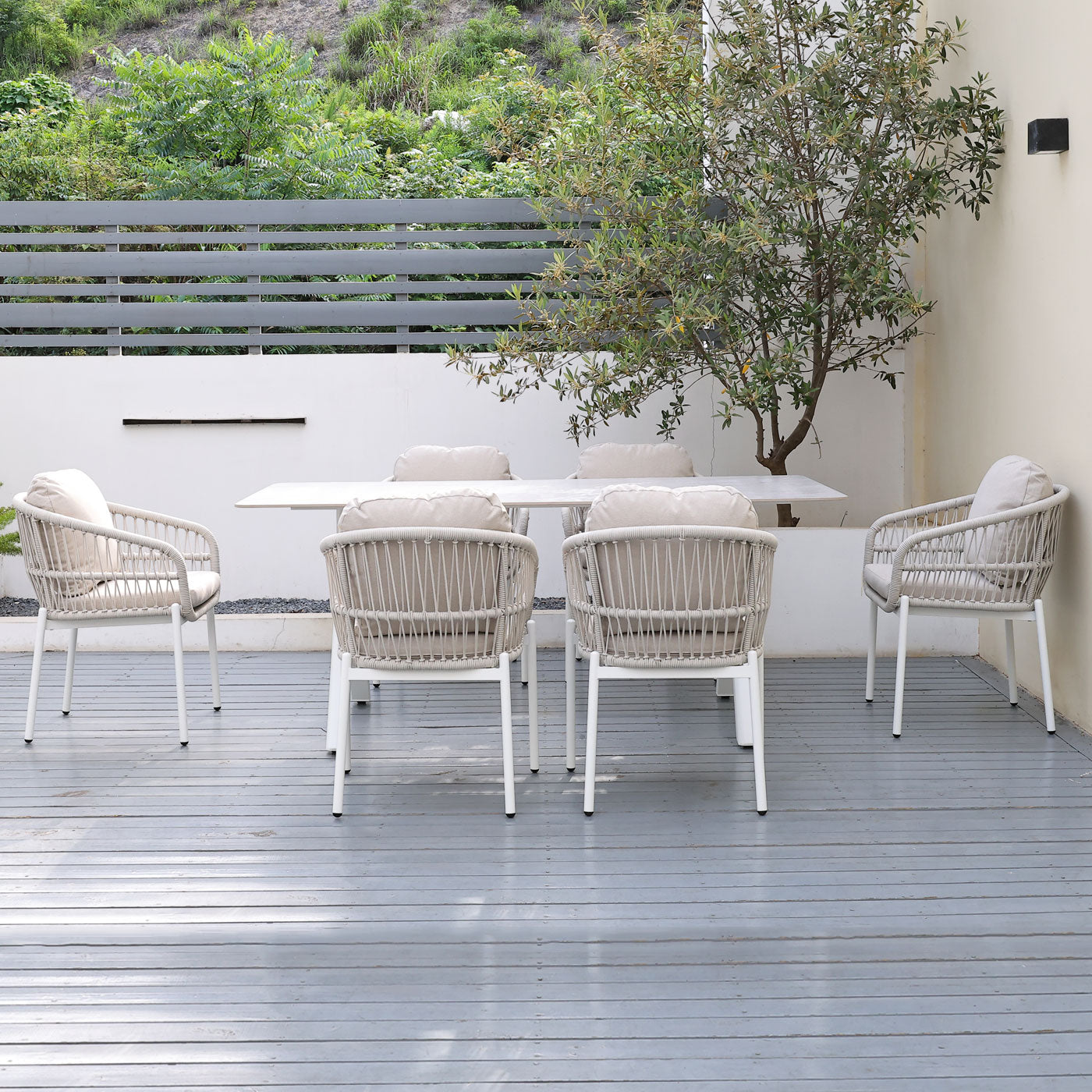 Bali 7-Piece White Aluminium Outdoor Dining Set - Beige Rope and Cushion
