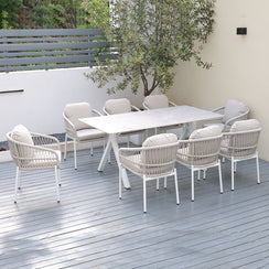 Bali 9-Piece White Aluminium Outdoor Dining Set - Beige Rope and Cushion