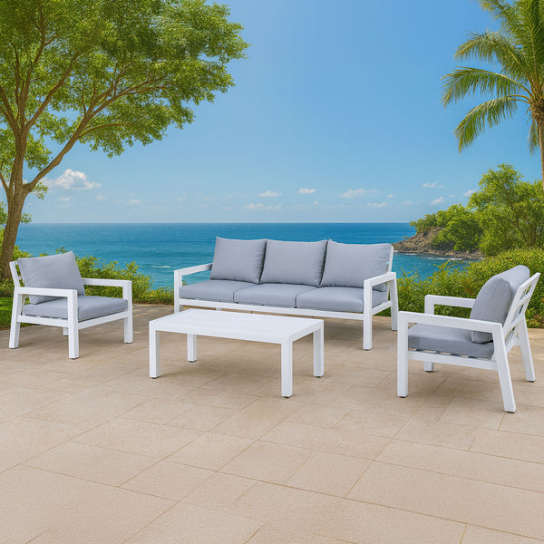 Bronte 5-Seater White Aluminium Outdoor Sofa Lounge Set – Light Grey Cushions