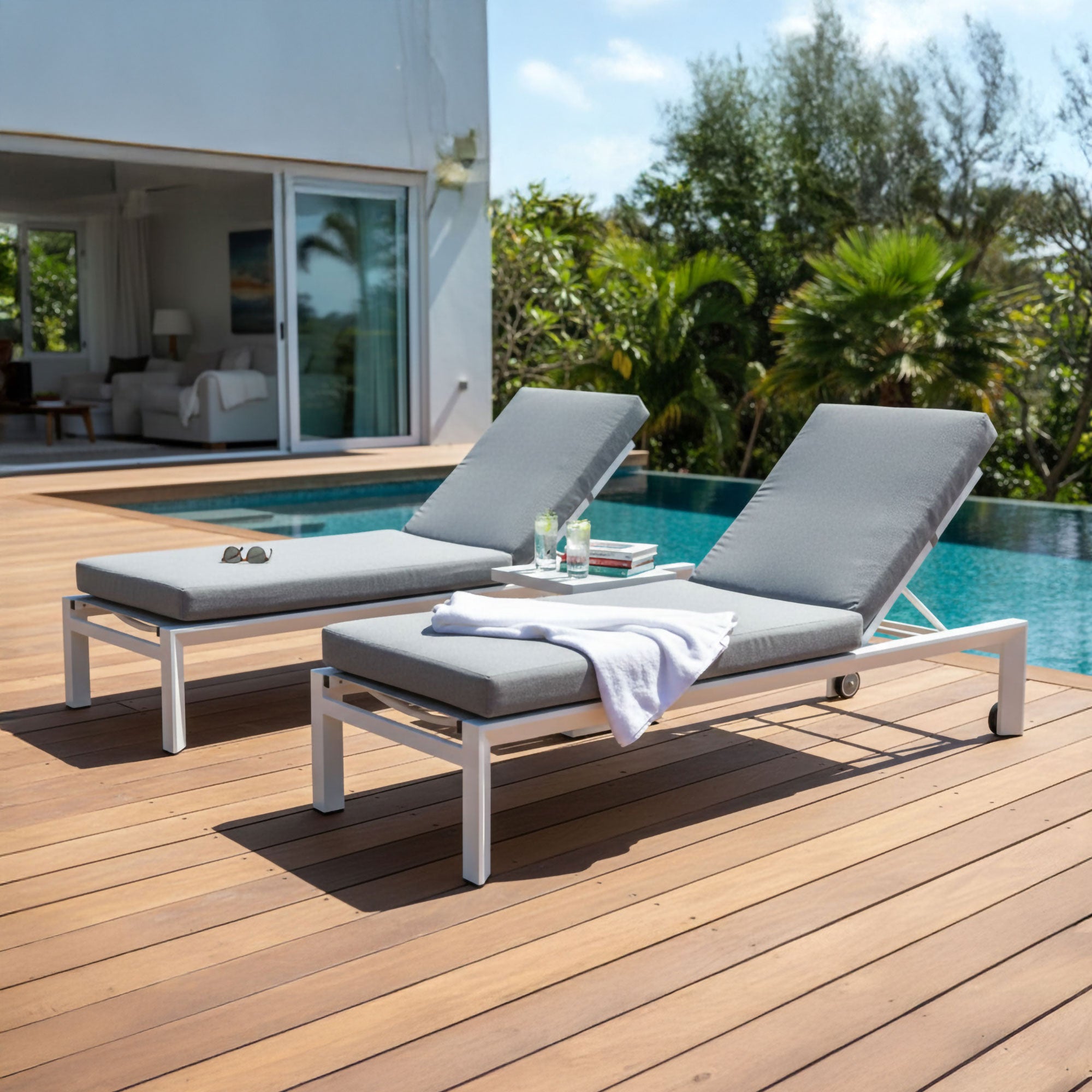 Kaya White Duo Sun Lounge Set - Grey Cushion
