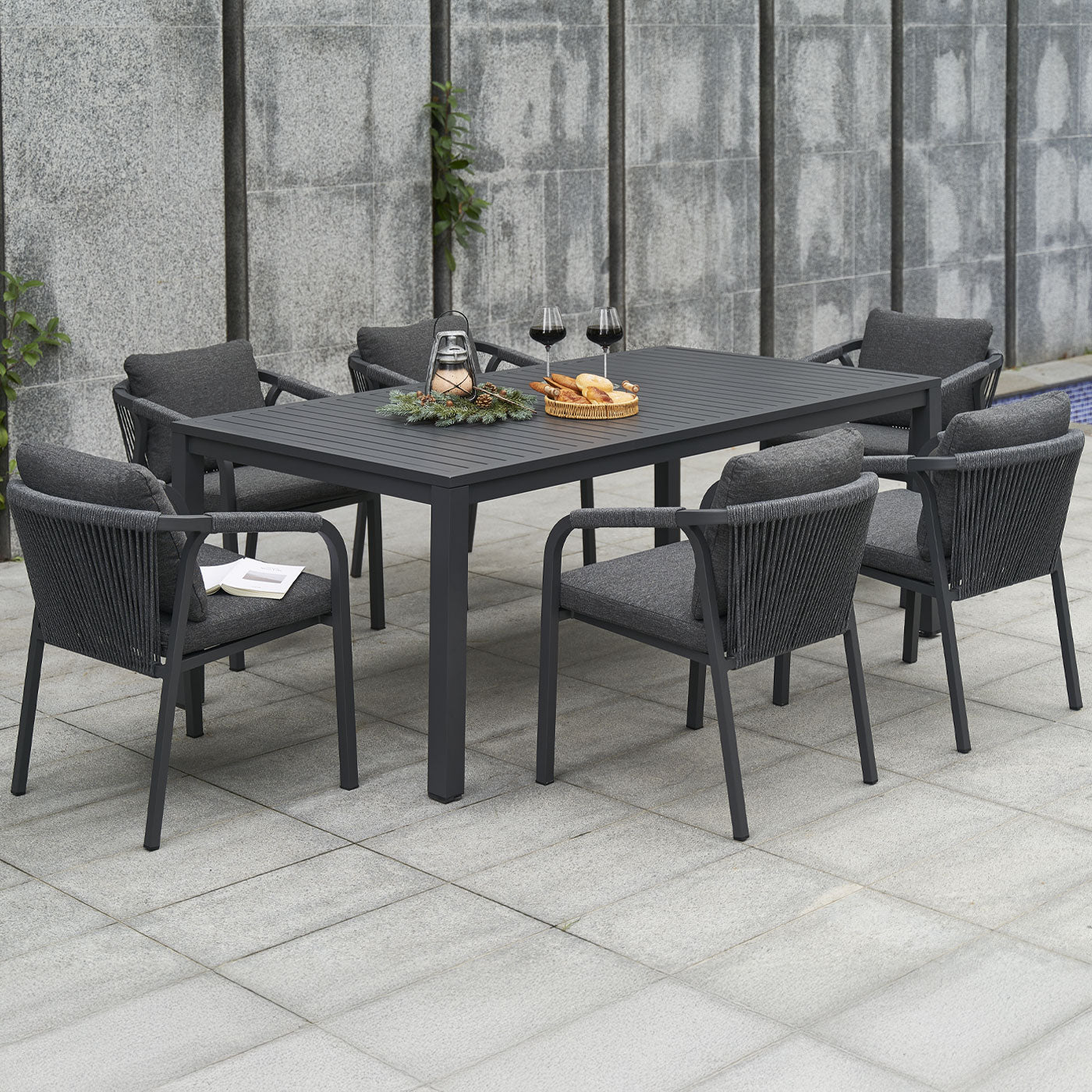 La Perouse 7-Piece Charcoal Aluminium Outdoor Dining Set - Dark Grey Cushion