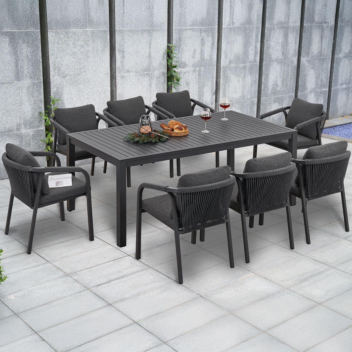 La Perouse 9-Piece Charcoal Aluminium Outdoor Dining Set - Dark Grey Cushion