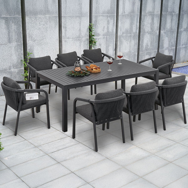 La Perouse 9-Piece Charcoal Aluminium Outdoor Dining Set – Dark Grey Cushion