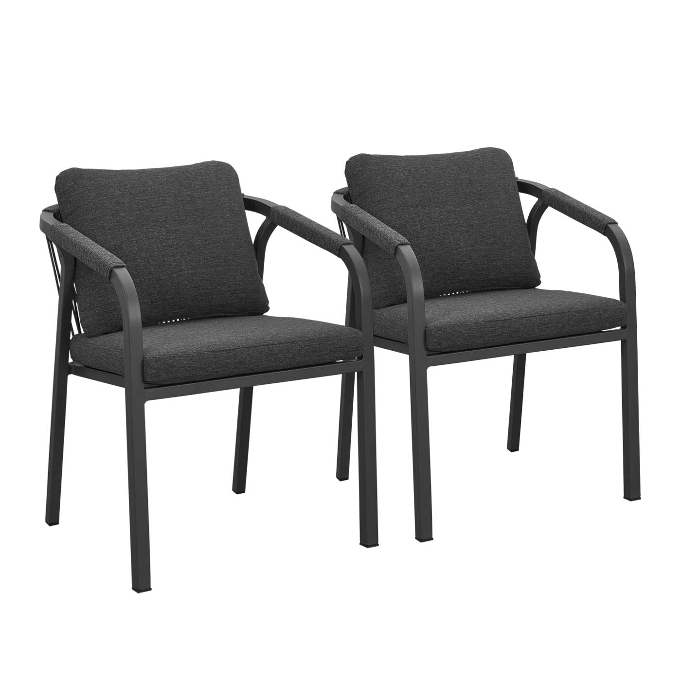 La Perouse Charcoal Aluminium Outdoor Dining Chairs with Arms - Dark Grey Cushions (Set of 2)