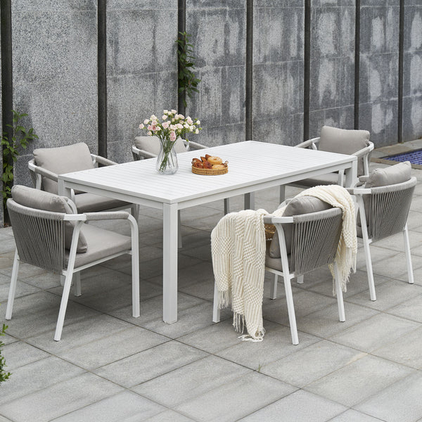 La Perouse 7-Piece White Aluminium Outdoor Dining Set - Beige Cushion