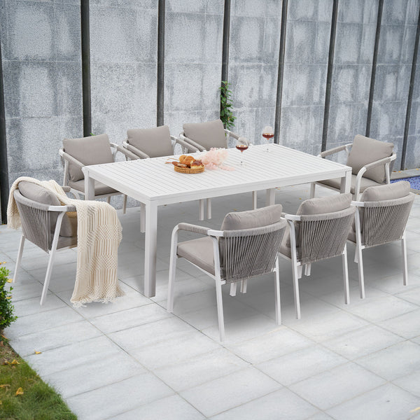 La Perouse 9-Piece White Aluminium Outdoor Dining Set - Beige Cushion
