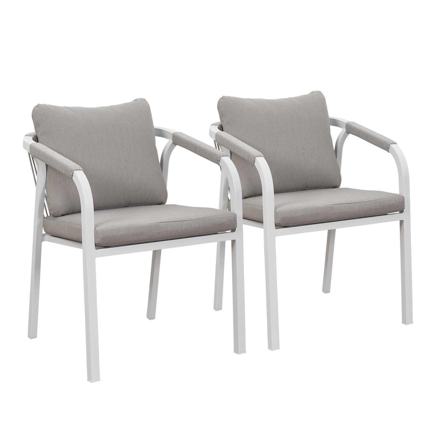 La Perouse White Aluminium Outdoor Dining Chairs with Arms - Beige Cushions (Set of 2)