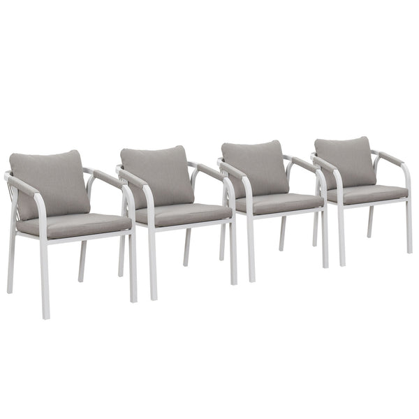 La Perouse White Aluminium Outdoor Dining Chairs with Arms – Beige Cushions (Set of 4)