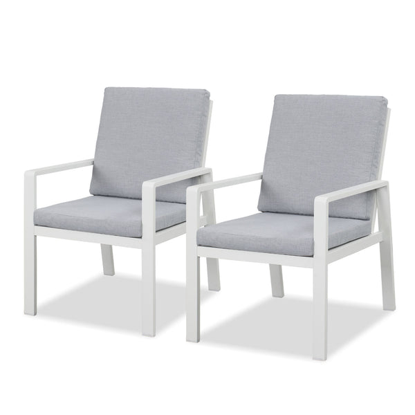 Clayton White Aluminium Outdoor Single Dining Chair with Arms - Light Grey Cushion (Set of 2)