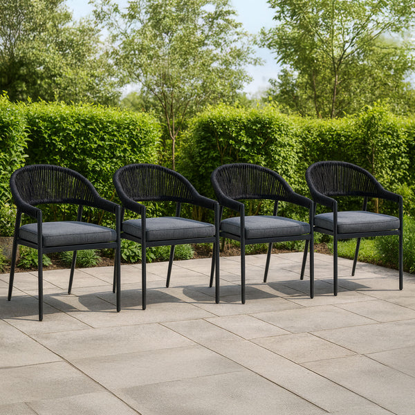 Fraser Charcoal Aluminium Outdoor Dining Chairs with Arms – Dark Grey Cushions (Set of 4)