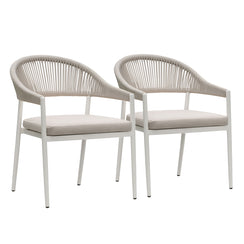 Fraser White Aluminium Outdoor Dining Chairs with Arms - Beige Rope and Cushion (Set of 2)