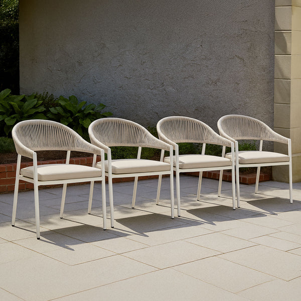 Fraser White Aluminium Outdoor Dining Chairs with Arms – Beige Rope and Cushion (Set of 4)