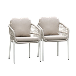 Bali White Aluminium Outdoor Dining Chairs with Arms - Beige Rope and Cushion (Set of 2)