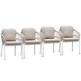 Bali White Aluminium Outdoor Dining Chairs with Arms - Beige Rope and Cushion (Set of 4)