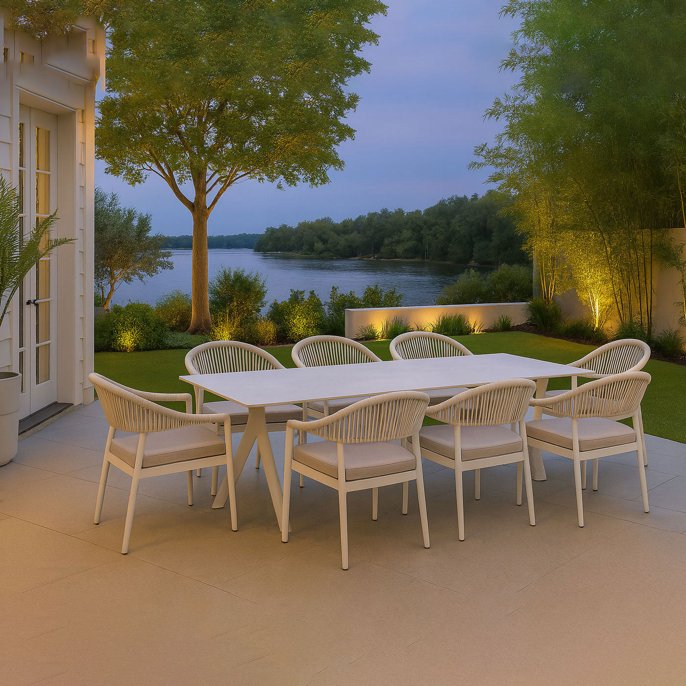 Fraser 9-Piece White Aluminium Outdoor Dining Set - Beige Rope and Cushion