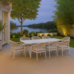 Fraser 9-Piece White Aluminium Outdoor Dining Set - Beige Rope and Cushion
